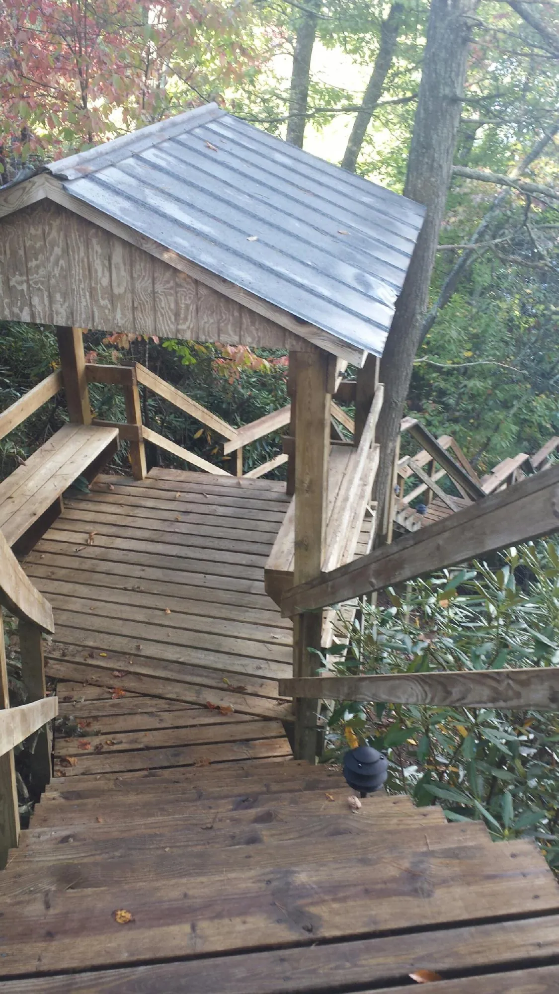 Metal roofed shelter over wooden steps on a wooded walkway — Skylight Repair & Installation work by our crew in Cato